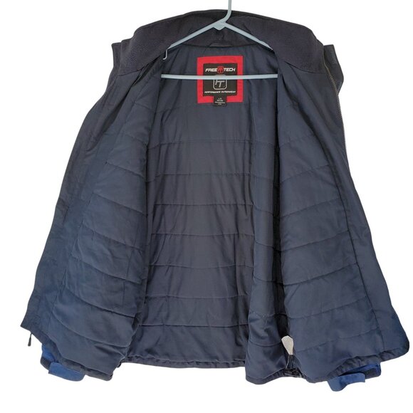FREE TECH Hooded Jacket Coat Men's L Blue Quilt Lining Full Zip Placket Pocket - Picture 2 of 12